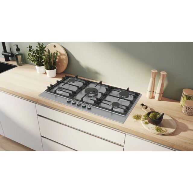 Bosch Series 6 PCR9A5I90 92cm 5 Burner Gas Hob Built-In, Wok Burner - Stainless Steel