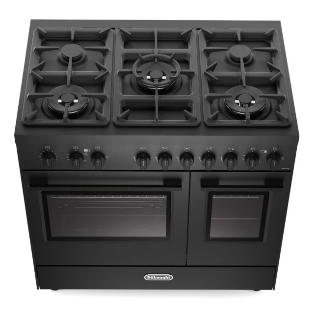 Delonghi 90cm Gas Range Cooker Twin Cavity With 3x Big Wok Burners Asian Cuisine  DTG 917GTBL- Black