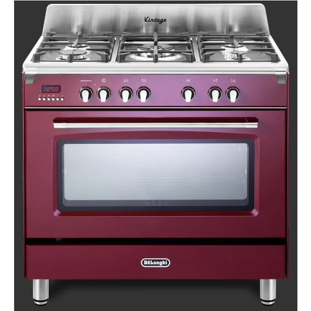 Delonghi DVRS 916-DF/BU Vintage 90Cm (Dual Fuel) Single Cavity Range Cooker - Burgundy