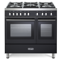 Delonghi 90cm Gas Range Cooker Twin Cavity With 3x Big Wok Burners Asian Cuisine  DTR 917 GTG2 BL- Black